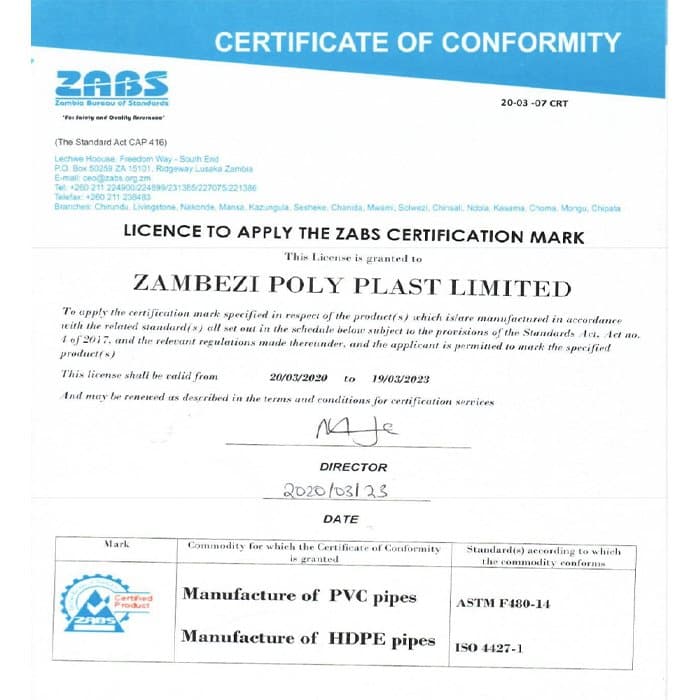 ZABS certificate of conformity for Zambezi PVC and HDPE pipes